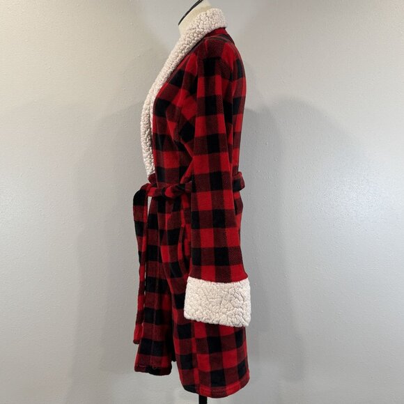 Red Black Buffalo Plaid Sherpa Fleece Robe Womens L Tie Waist Pockets Just Love - Picture 3 of 16